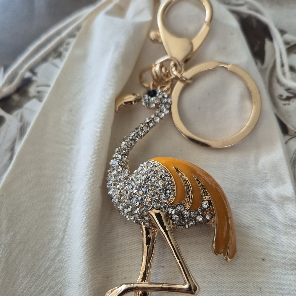 Gold And Caramel .Flamingo Keychain / Purse Charm Encrusted With Rhisnestones - Picture 2 of 7
